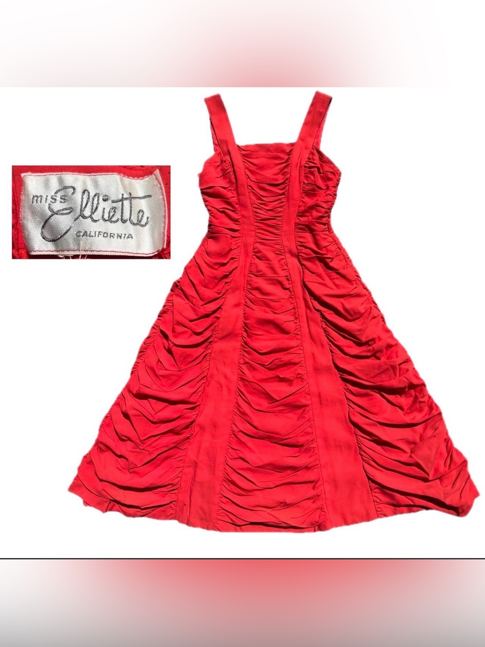 VTG 50s 60s MISS ELLIETTE Red Ruched Party Dress Retro Bombshell Cocktail MCM